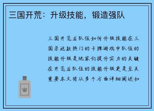 三国开荒：升级技能，锻造强队
