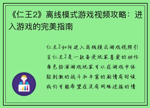 《仁王2》离线模式游戏视频攻略：进入游戏的完美指南