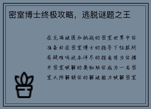 密室博士终极攻略,逃脱谜题之王