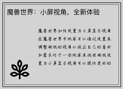 魔兽世界：小屏视角，全新体验